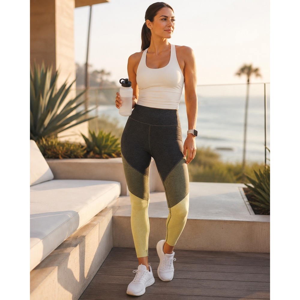 Outdoor Voices Colorblock 7/8 Leggings Gray‎ Olive Chartreuse Size Medium